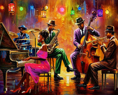 Springbok Neon Notes jazz musicians under lanterns, relaxing evening puzzle session