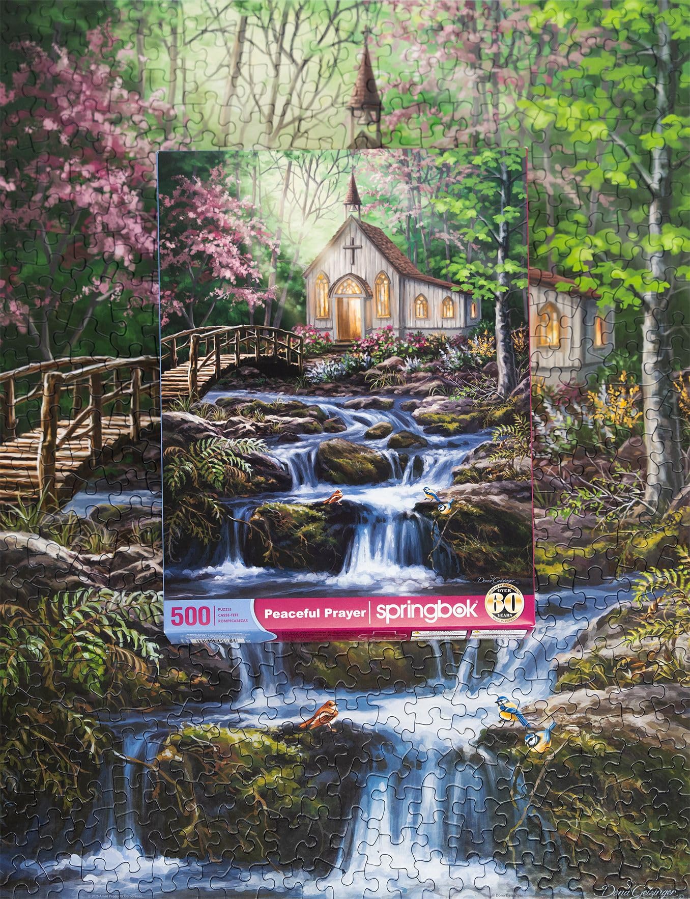 Springbok Peaceful Prayer features mossy rocks stream visual perfect for family puzzle nights.