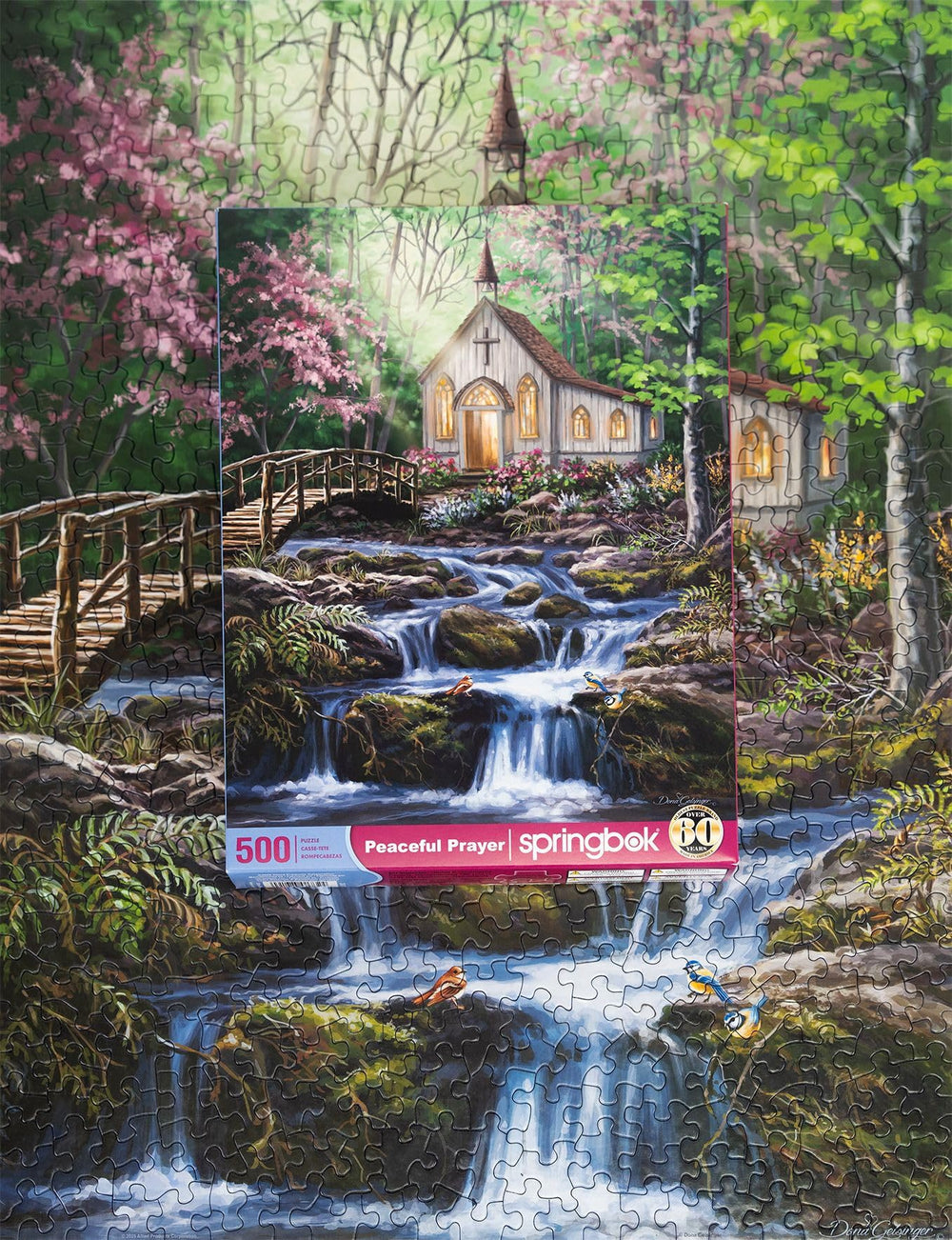 Springbok Peaceful Prayer features mossy rocks stream visual perfect for family puzzle nights.