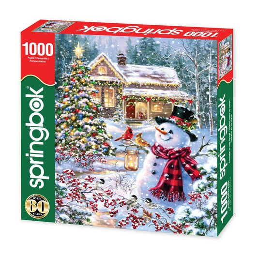 Springbok snowman and cardinals scene puzzle, perfect for relaxed evenings and nostalgia