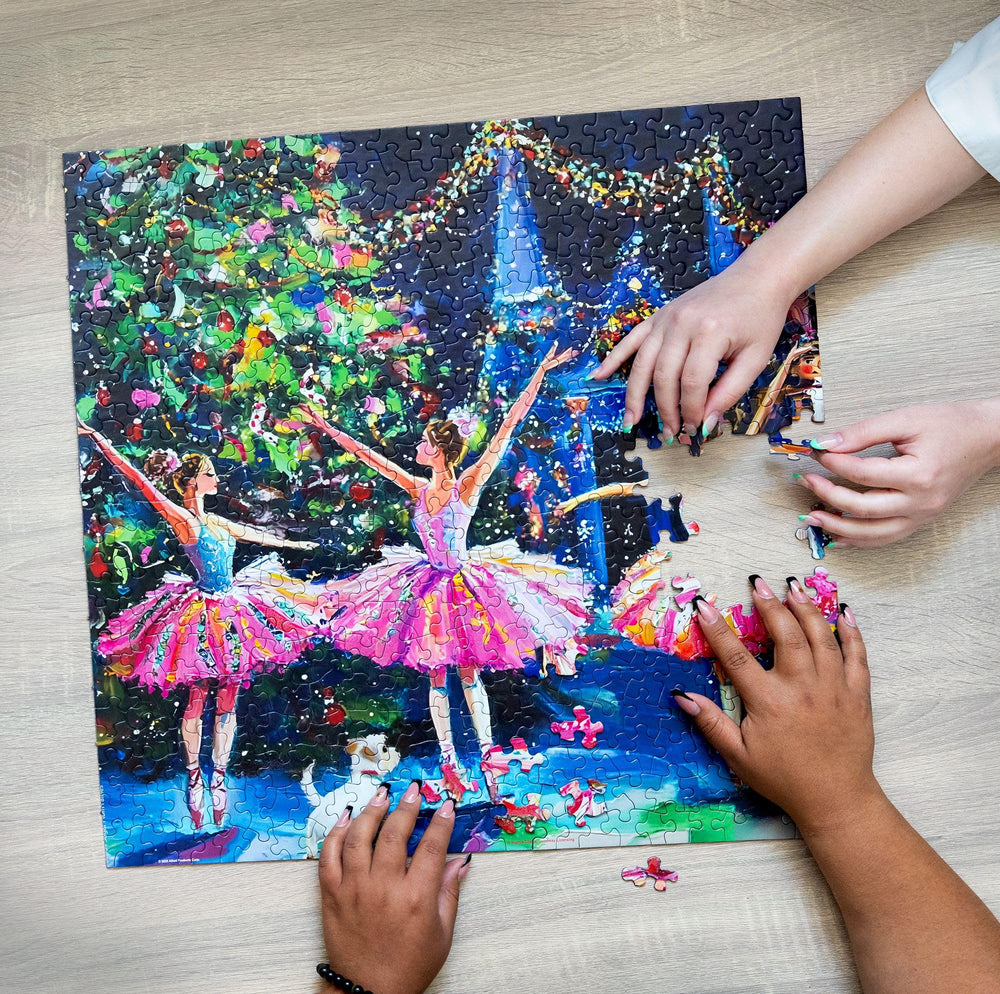 Puppy watching the Sugar Plum Fairies puzzle adds kid-friendly appeal