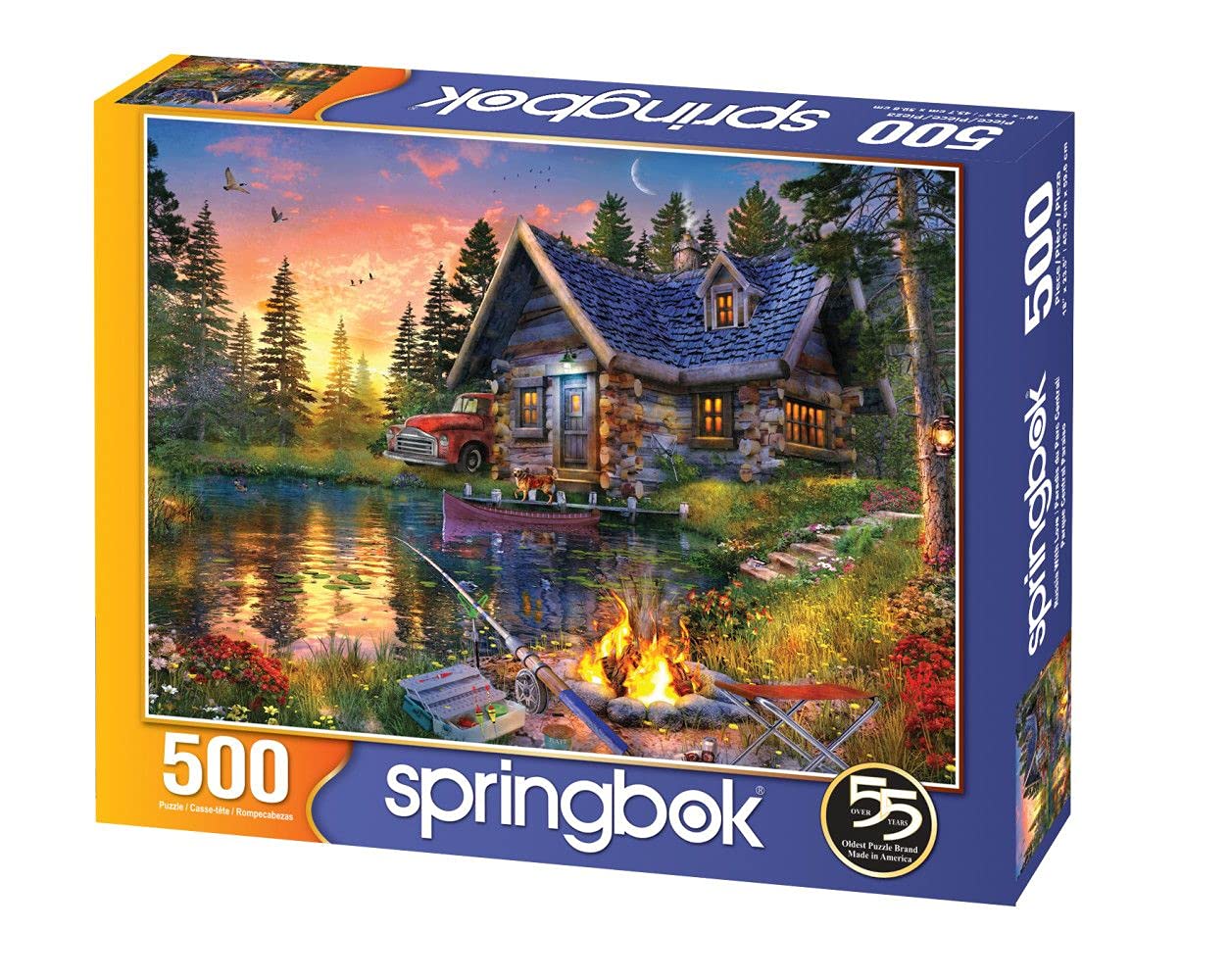 Springbok Sun Kissed Cabin lake scene: peaceful waters and cabin at golden hour