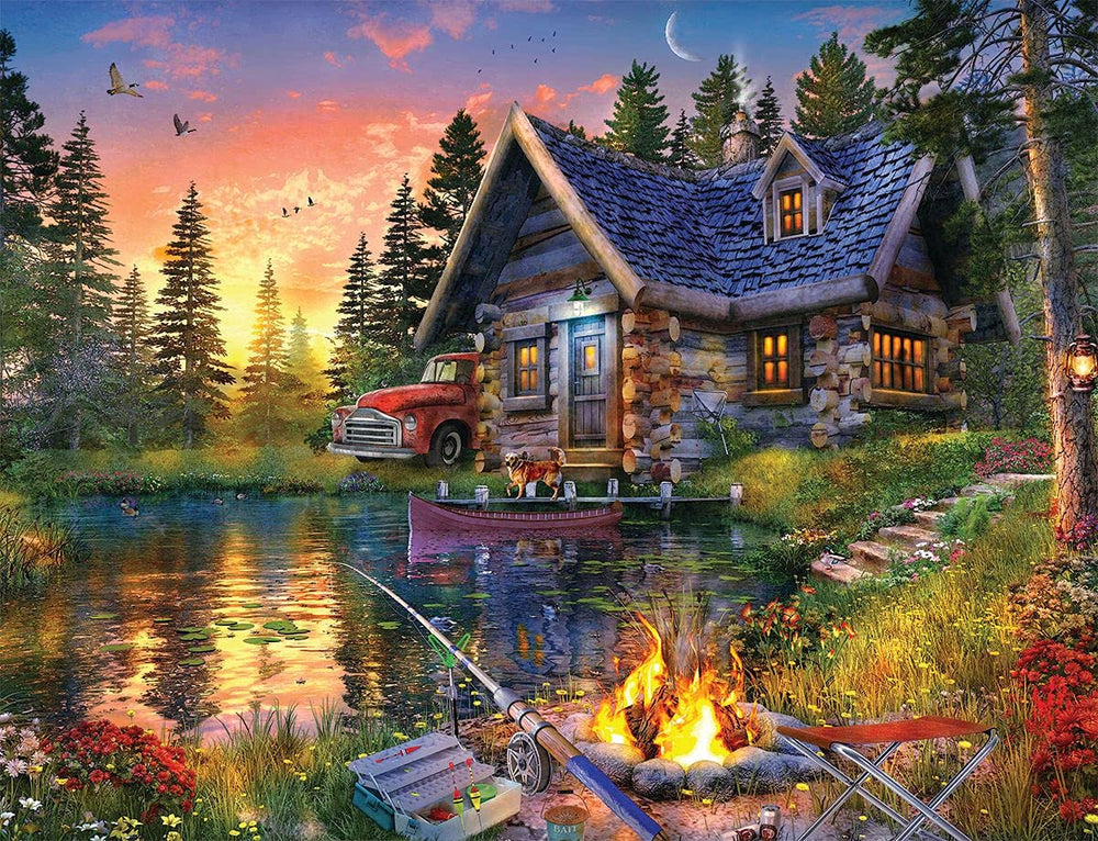 Springbok Sun Kissed Cabin puzzle cover: serene lakeside fishing cabin for relaxing evenings
