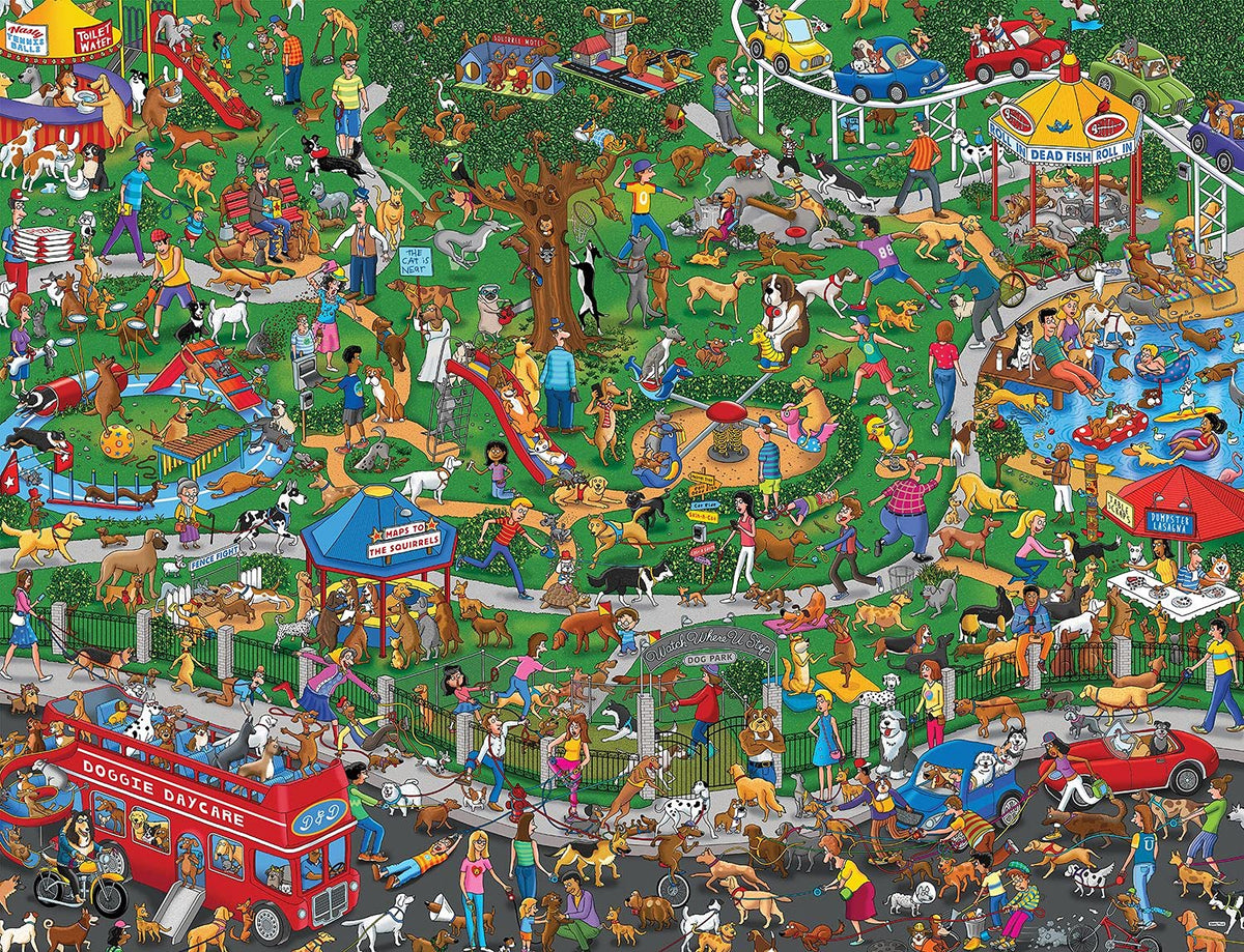 Springbok The Dog Park puzzle cover showing a vibrant canine scene for family game night.