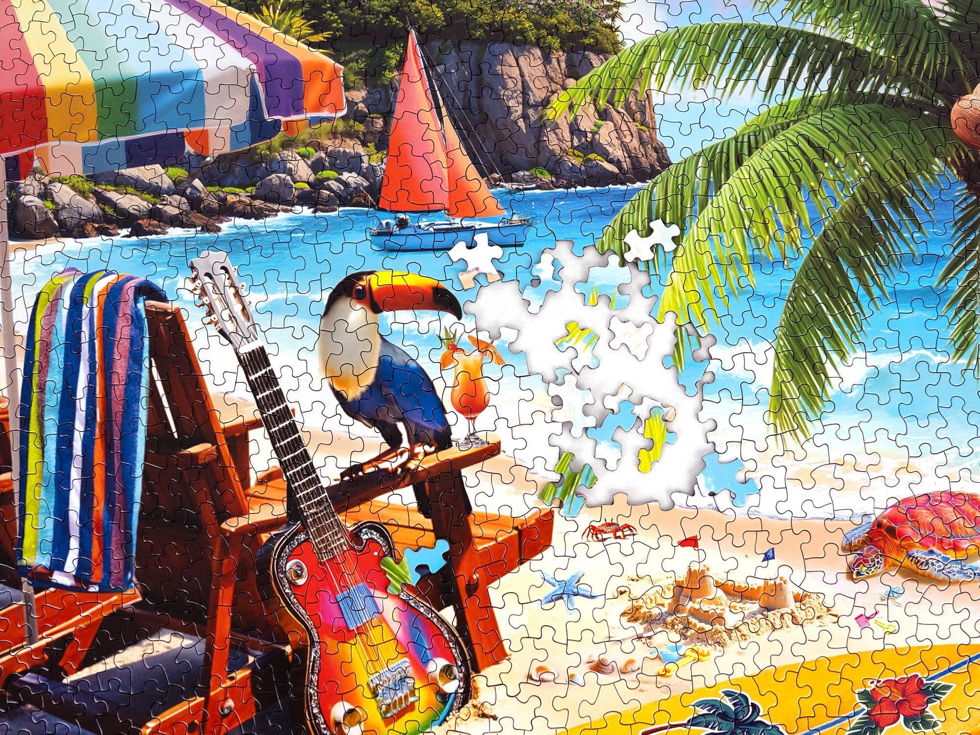 Springbok Tropical Paradise puzzle reveals footprints in sand, inviting mindful focus and traceable pattern discovery.