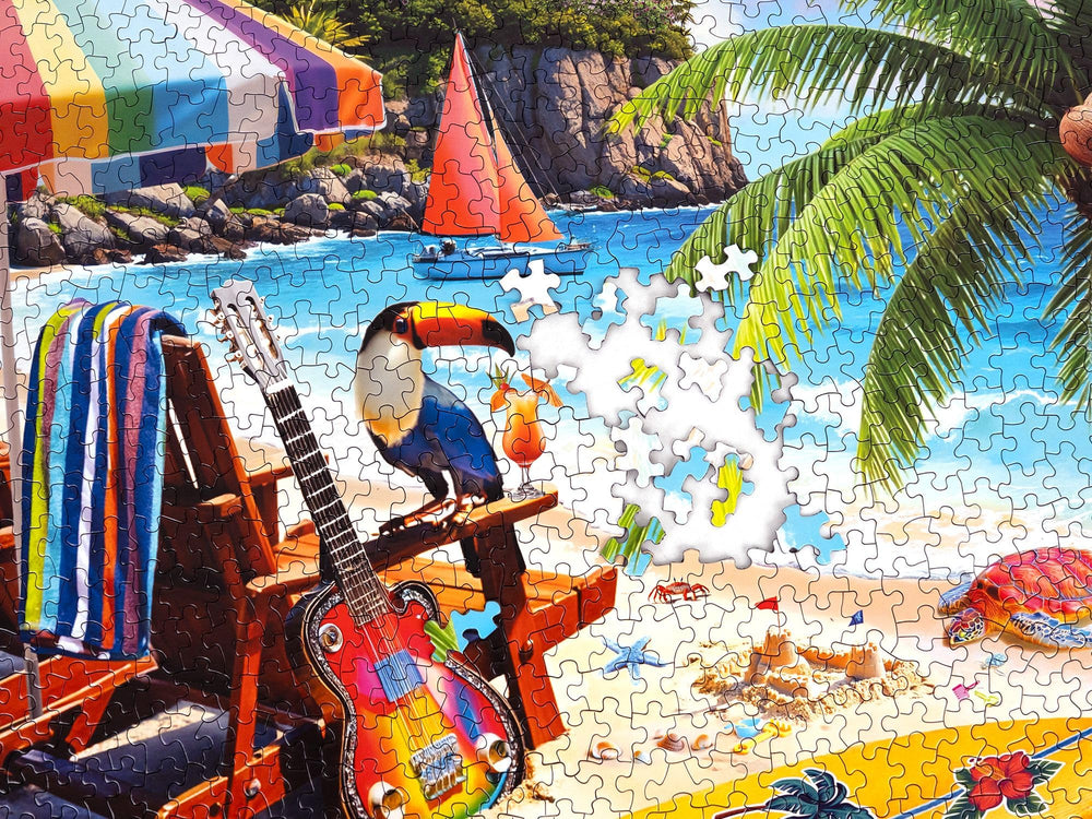 Springbok Tropical Paradise puzzle reveals footprints in sand, inviting mindful focus and traceable pattern discovery.