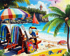 Springbok Tropical Paradise puzzle with sailboat and lighthouse inspires nautical ambiance during family puzzle night.