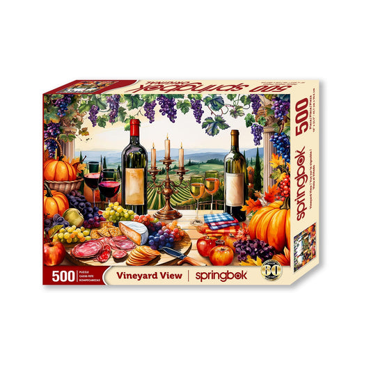 Springbok Vineyard View puzzle with wine and cheese, perfect for shared cozy nights.