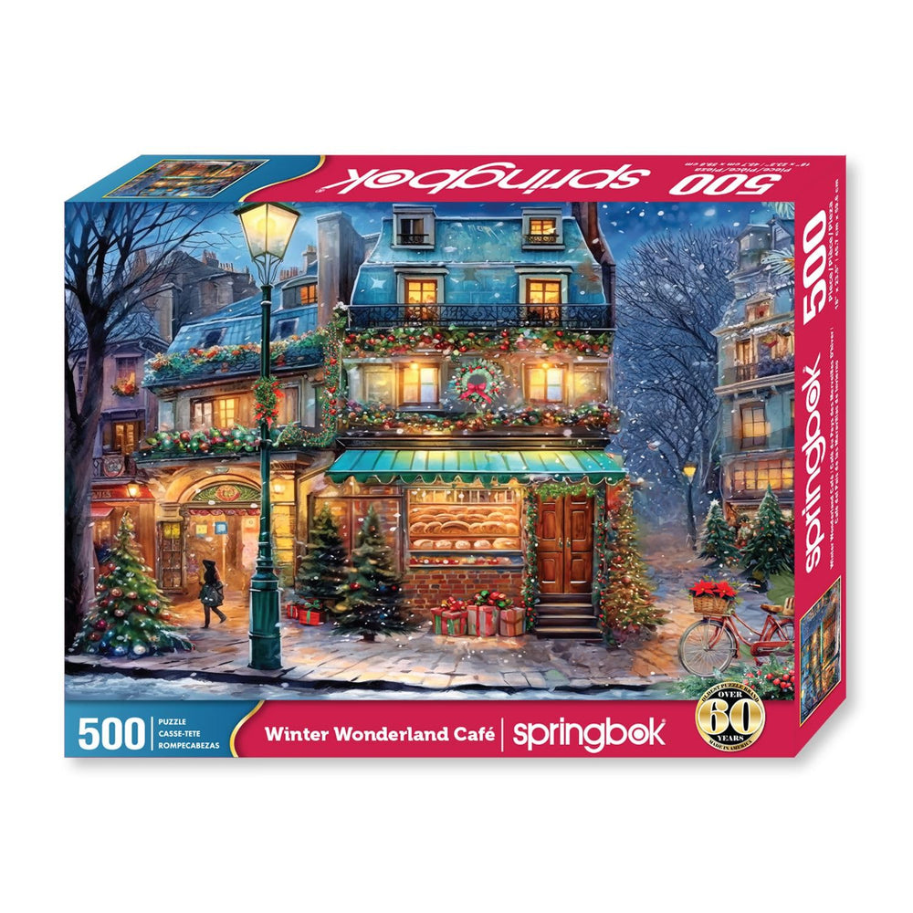 Springbok Winter Wonderland Cafe puzzle portrait features glowing cafe lights in a festive setting.