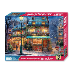 Springbok Winter Wonderland Cafe puzzle portrait features glowing cafe lights in a festive setting.