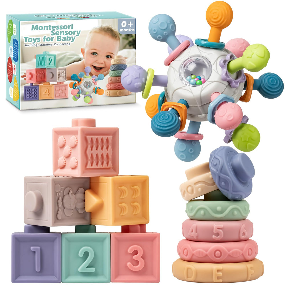SpringFlower 3-in-1 Montessori rattle teether with soothing chew points and gentle sounds
