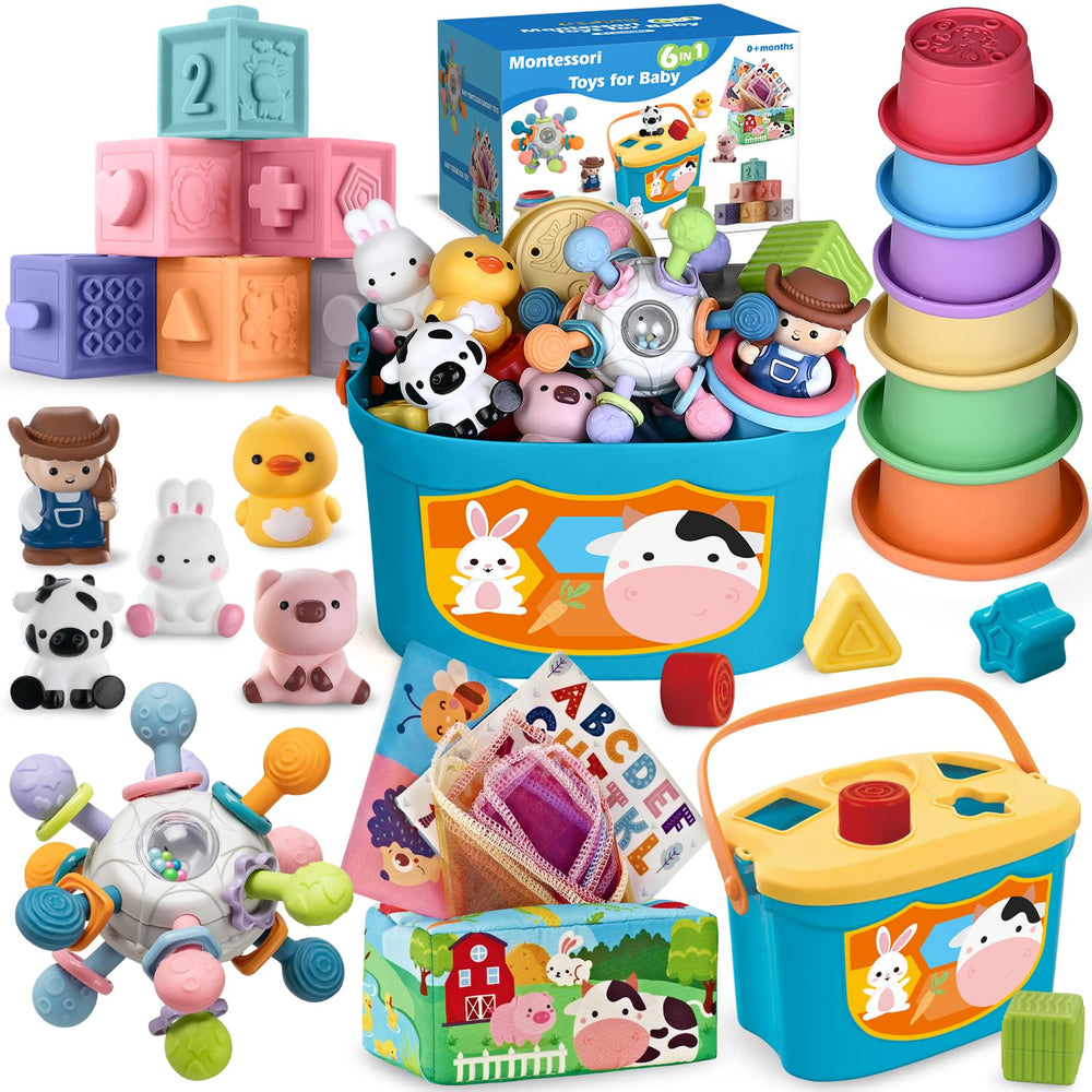 SpringFlower 6-in-1 baby toys set blocks and cups for color and shape recognition.