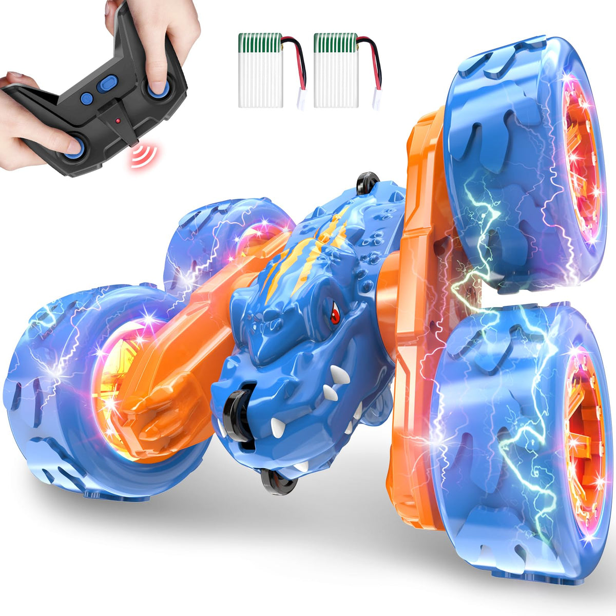 SpringFlower dinosaur RC car front view with LED lights for night fun.