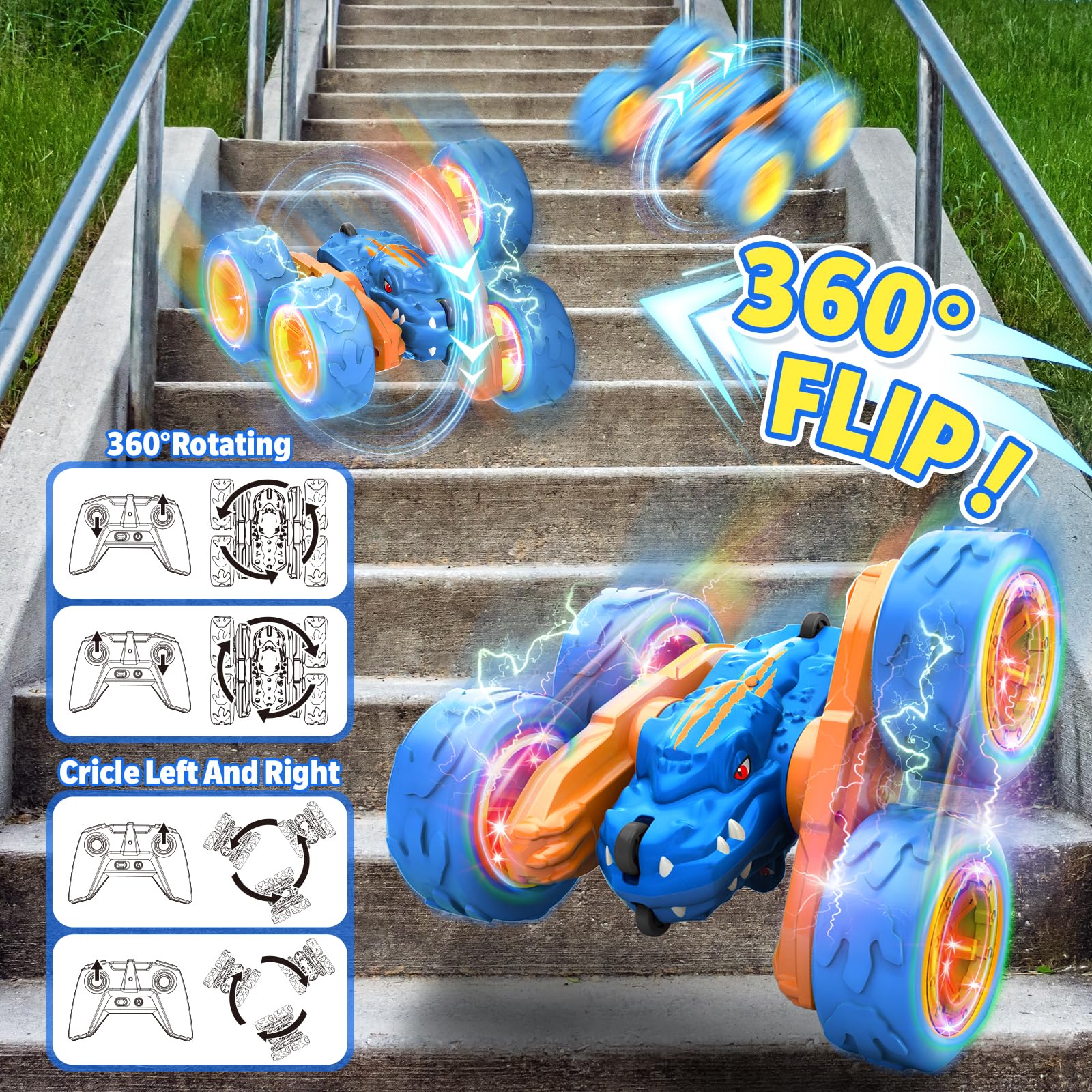 SpringFlower dinosaur RC car side view showing double-sided design for flips.
