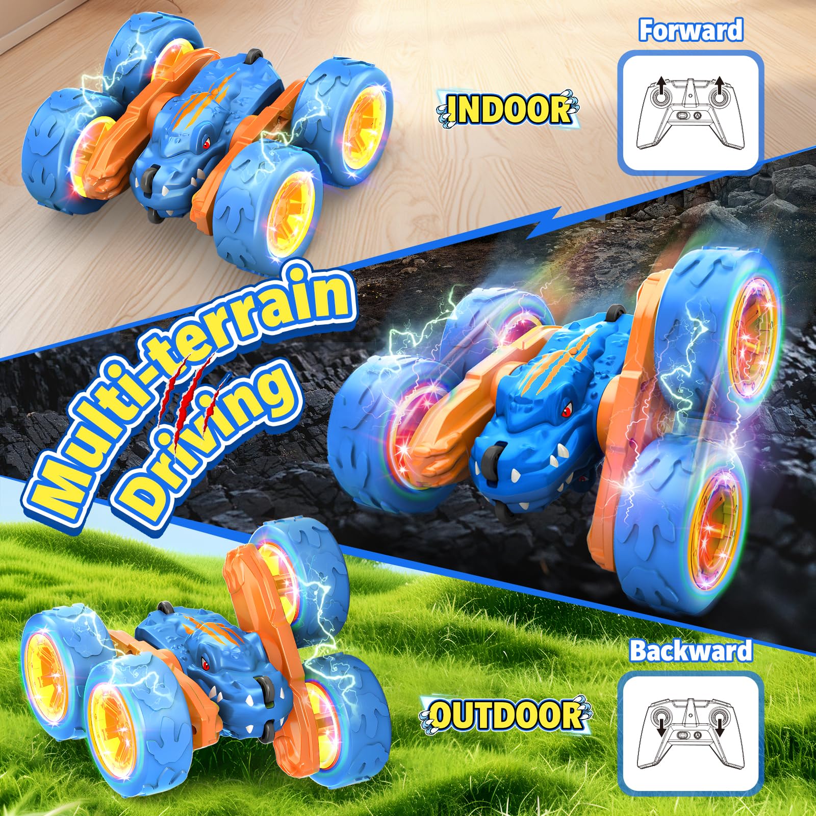 SpringFlower dinosaur RC car with two batteries for longer play sessions.