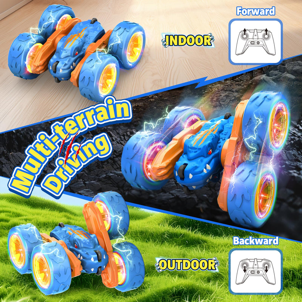 SpringFlower dinosaur RC car with two batteries for longer play sessions.