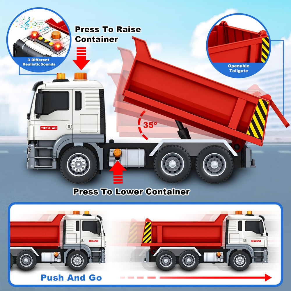 SpringFlower dump truck bed-lift feature in action supports realistic pretend play.