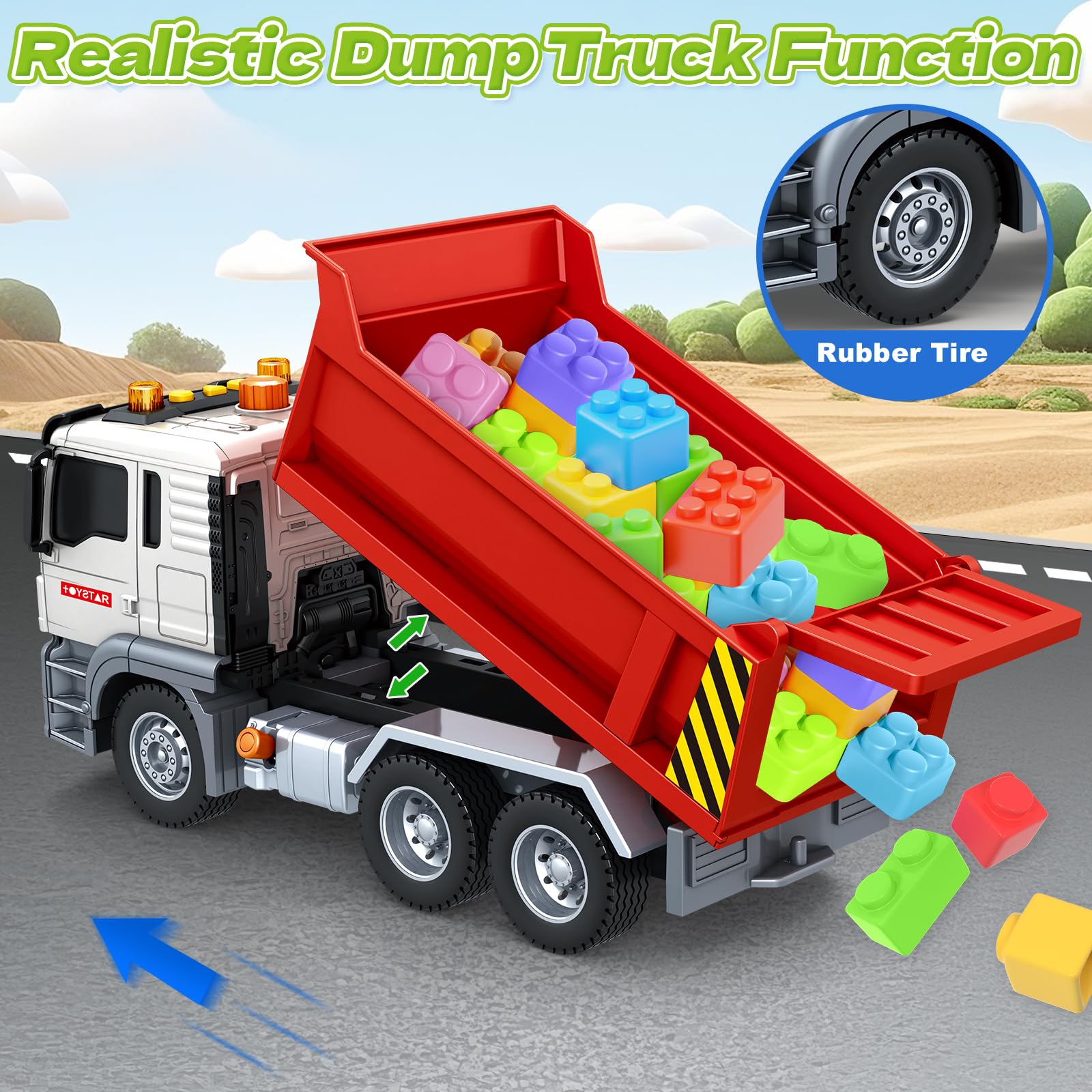 SpringFlower dump truck wheels roll smoothly on carpet or sand for easy mobility.