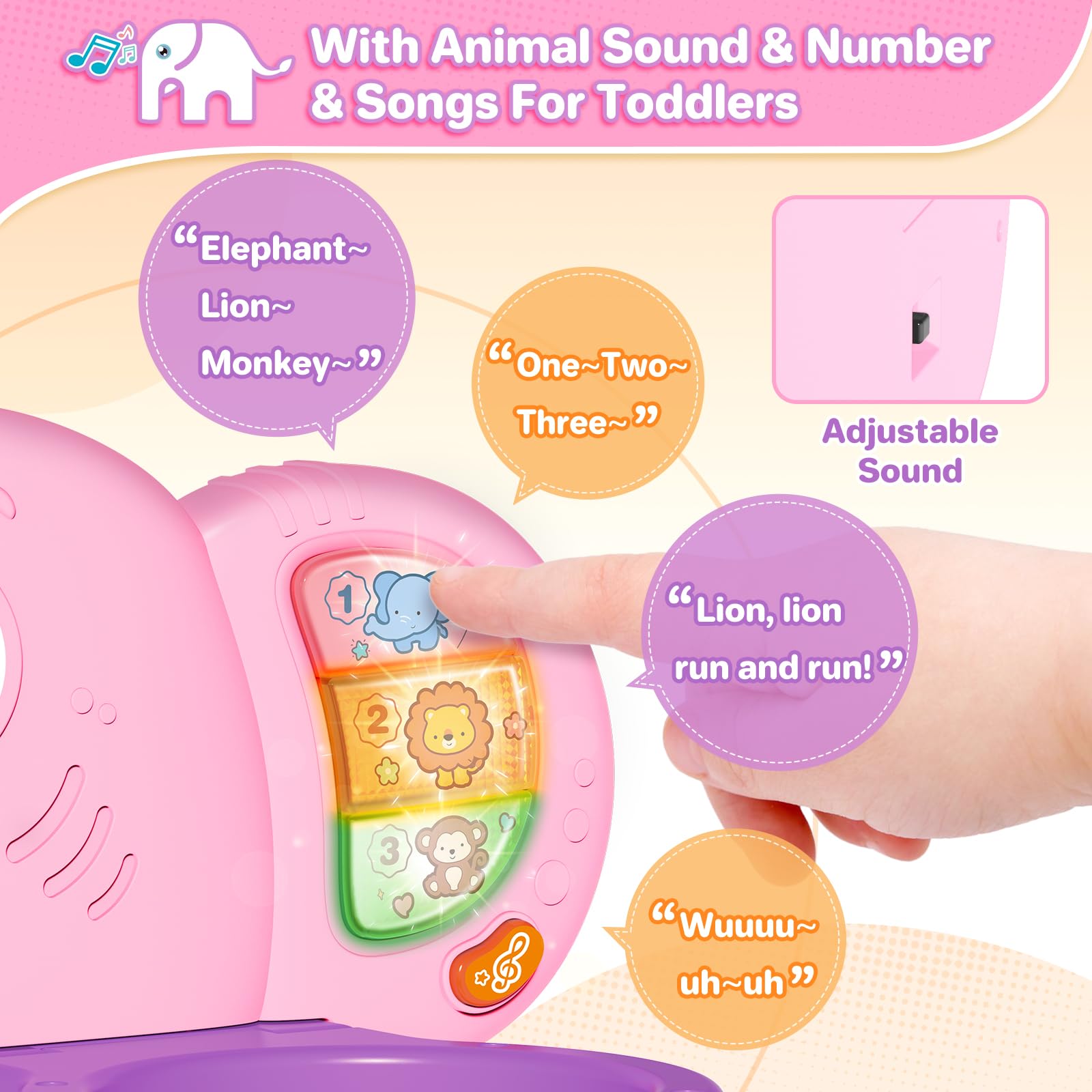 SpringFlower elephant toy with colorful rotating patterns for exploration.