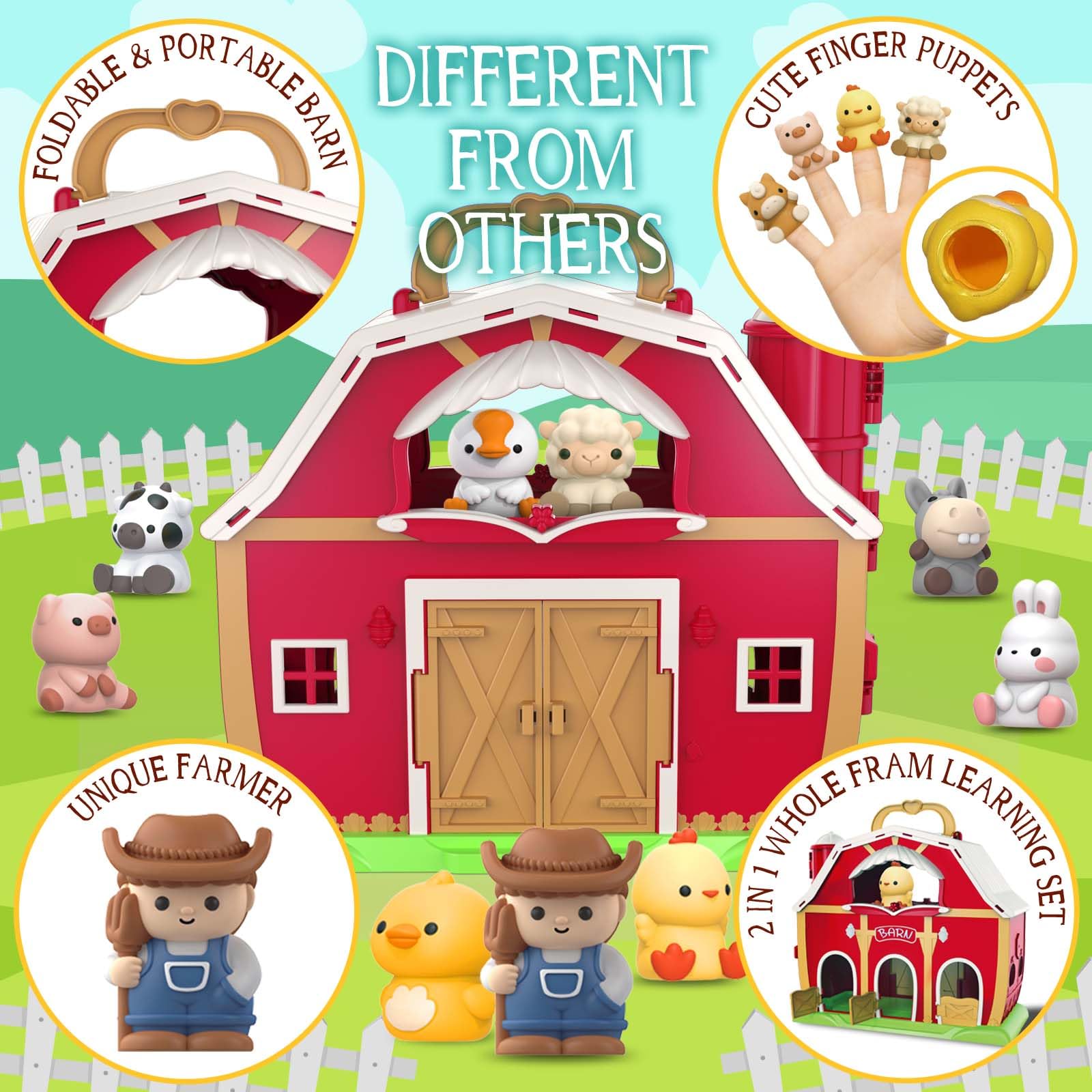 SpringFlower farm animals nine-piece set sparks pretend farm scenes.