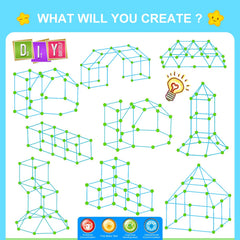 Child building a fort with SpringFlower kit, showcasing family-friendly teamwork.