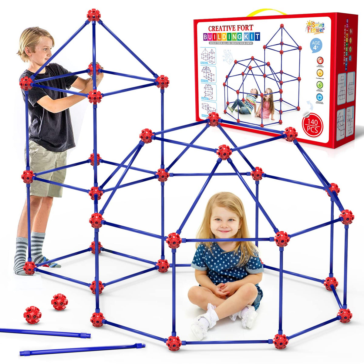 SpringFlower fort-building-kit contents with 140 pieces for creative construction.