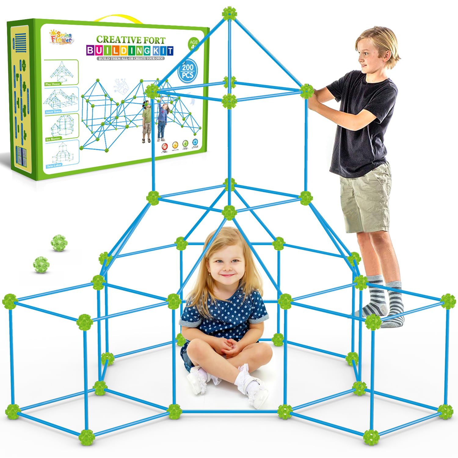 SpringFlower Fort Kit with 200 pieces for creative builds and STEM play