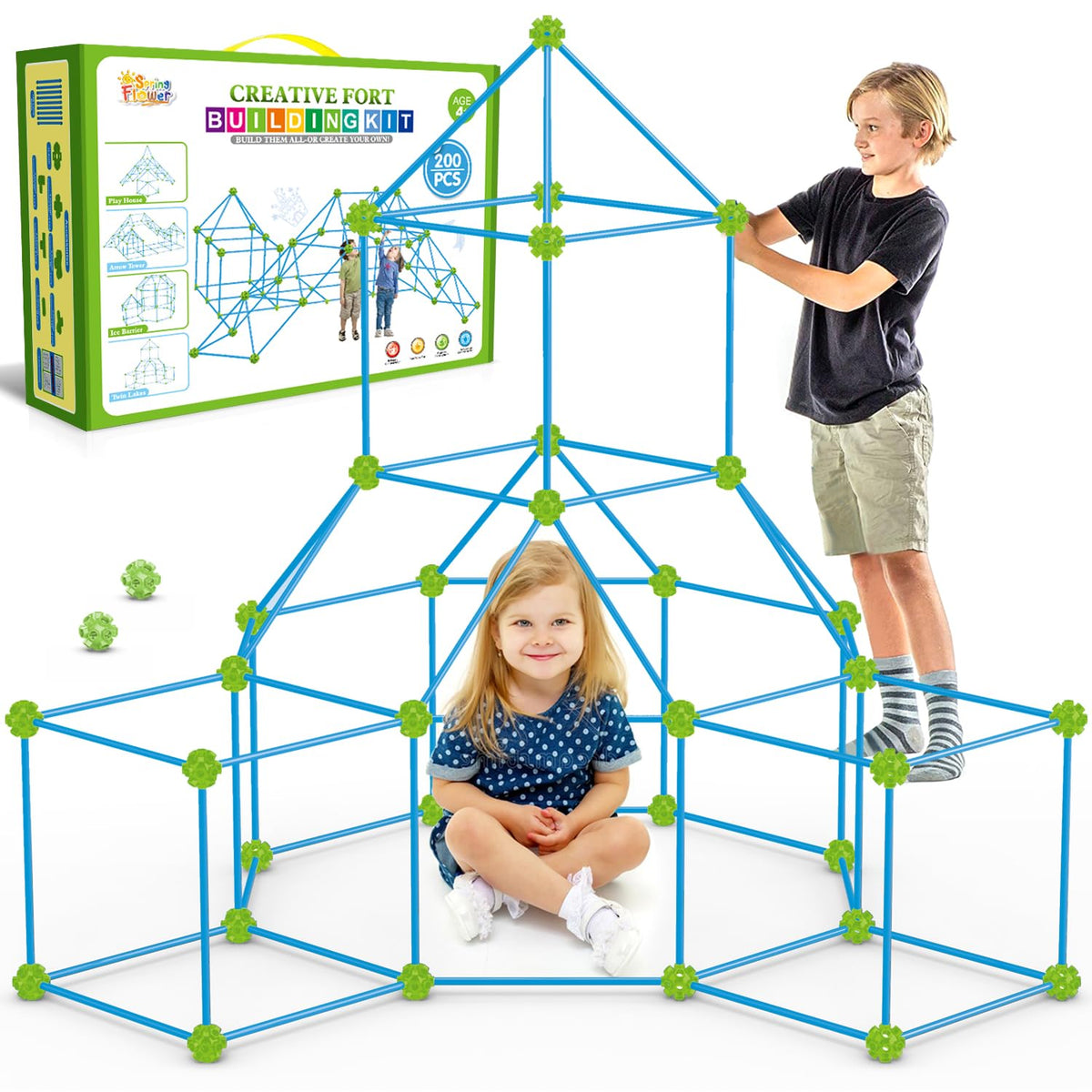 SpringFlower Fort Kit with 200 pieces for creative builds and STEM play