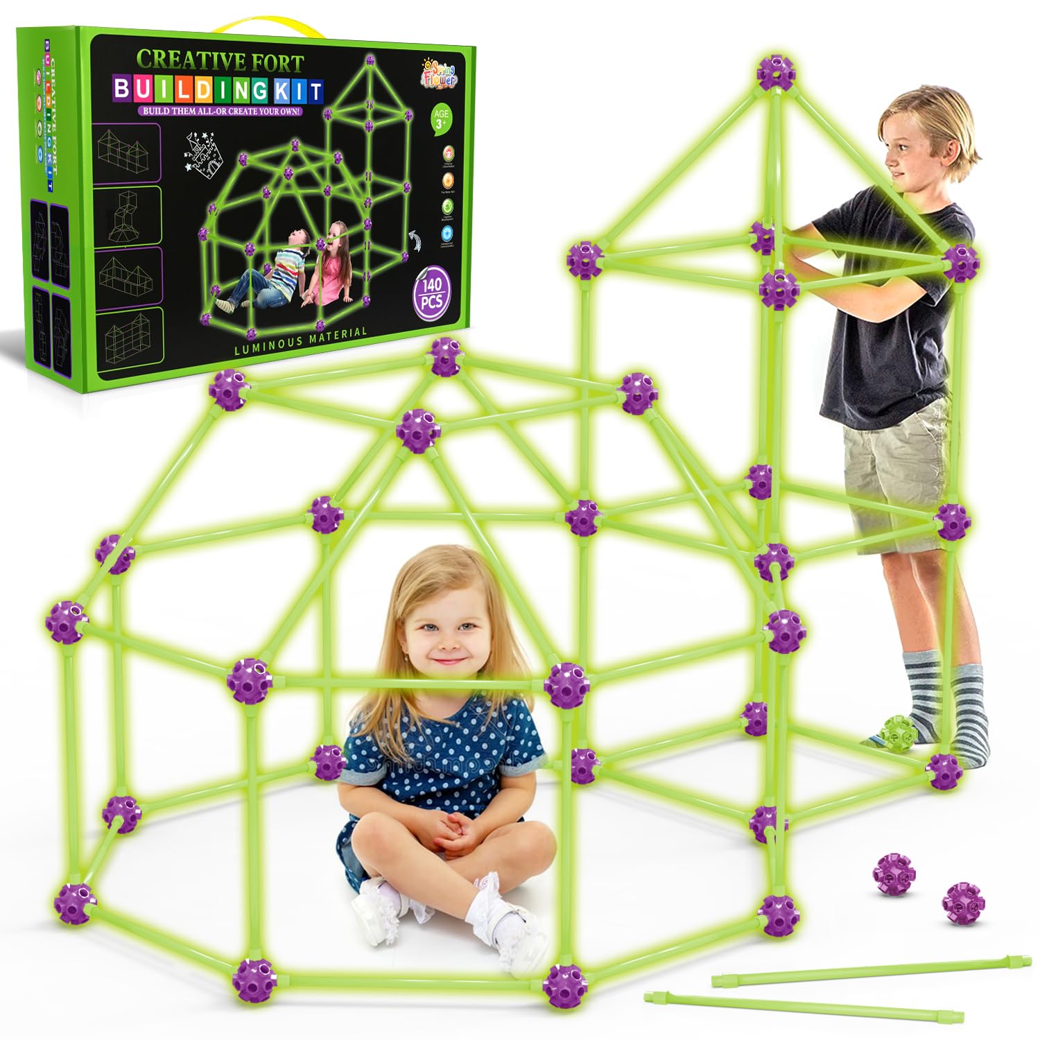 SpringFlower Glow In The Dark Fort Building Kit packaging shown, inviting kids to creative play.