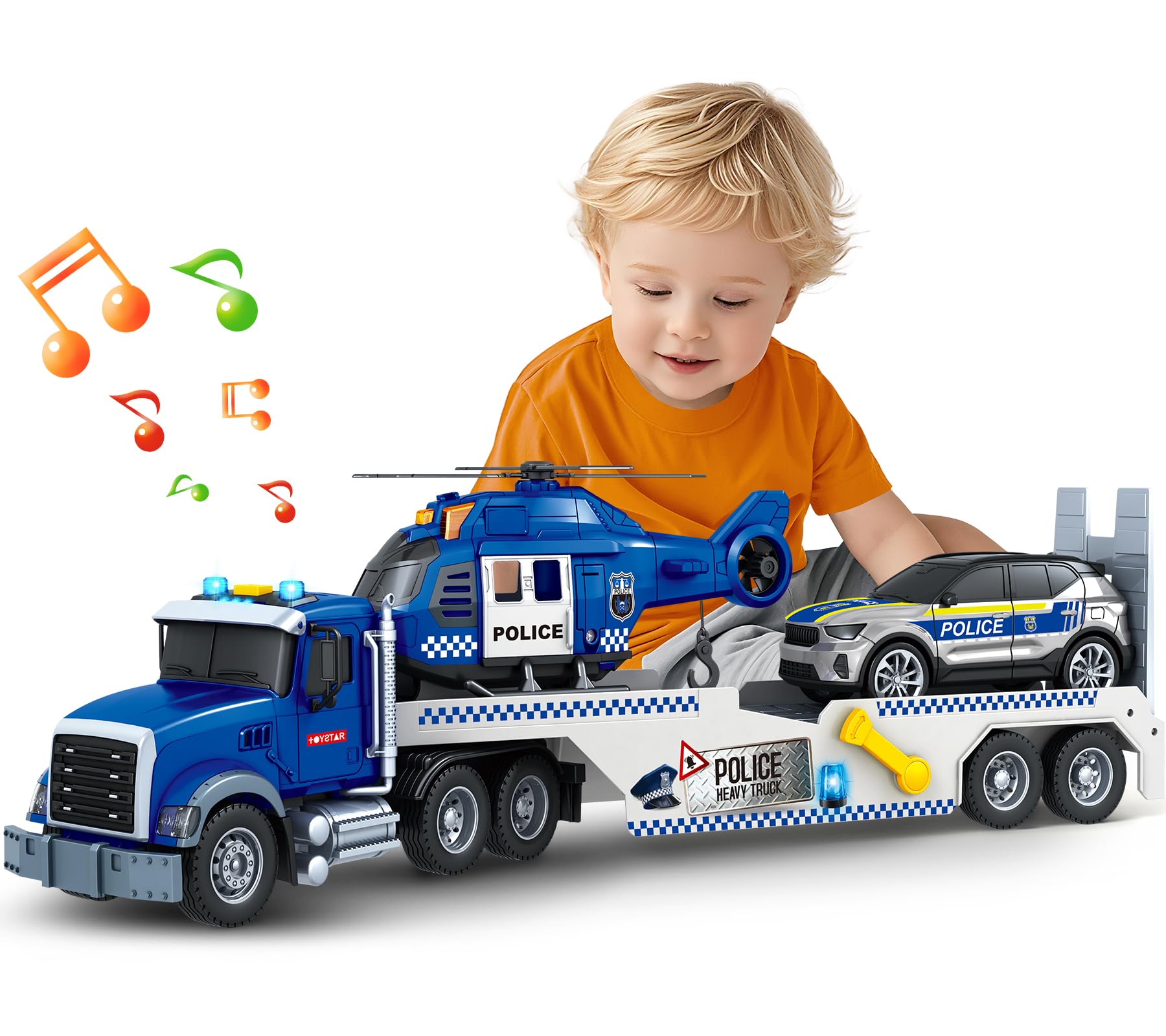 SpringFlower 21-inch police semi truck set with helicopter and racing car for imaginative play