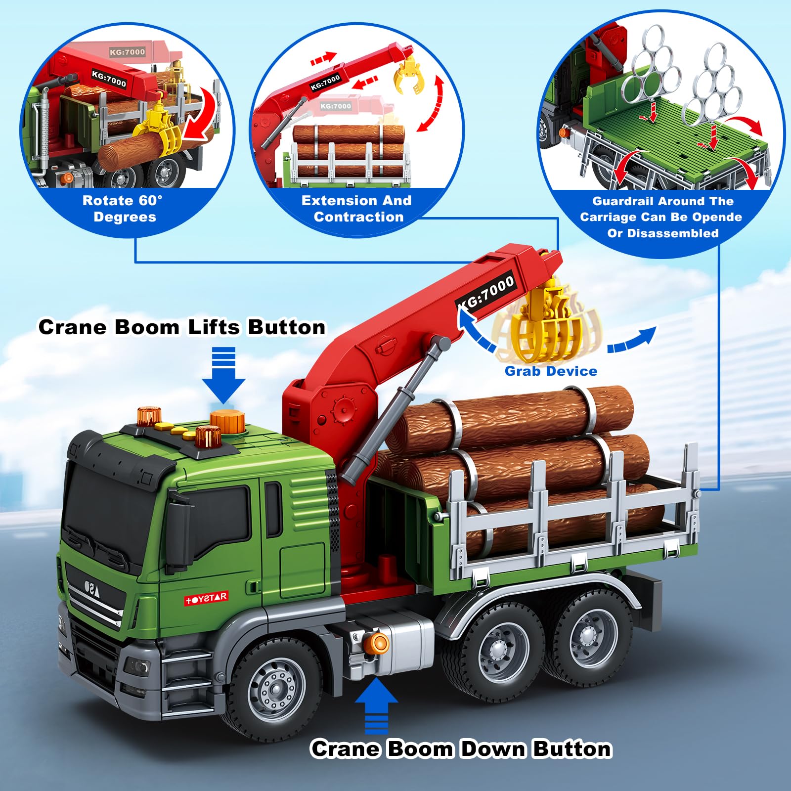 SpringFlower timber truck vehicle features a realistic grab device for interactive play.