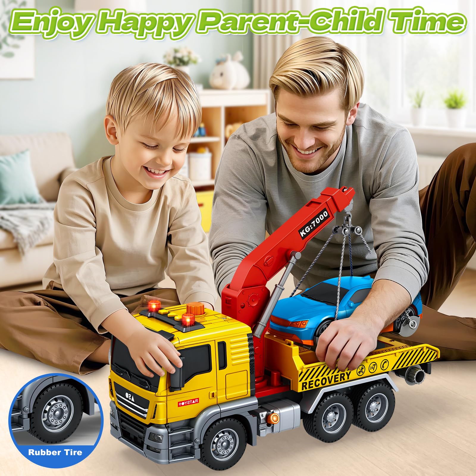 SpringFlower tow truck toy with smooth-rolling wheels for indoor and outdoor play.