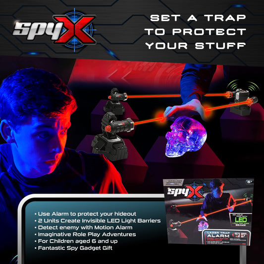 Three-piece SpyX lazer trap alarm kit ready for installation
