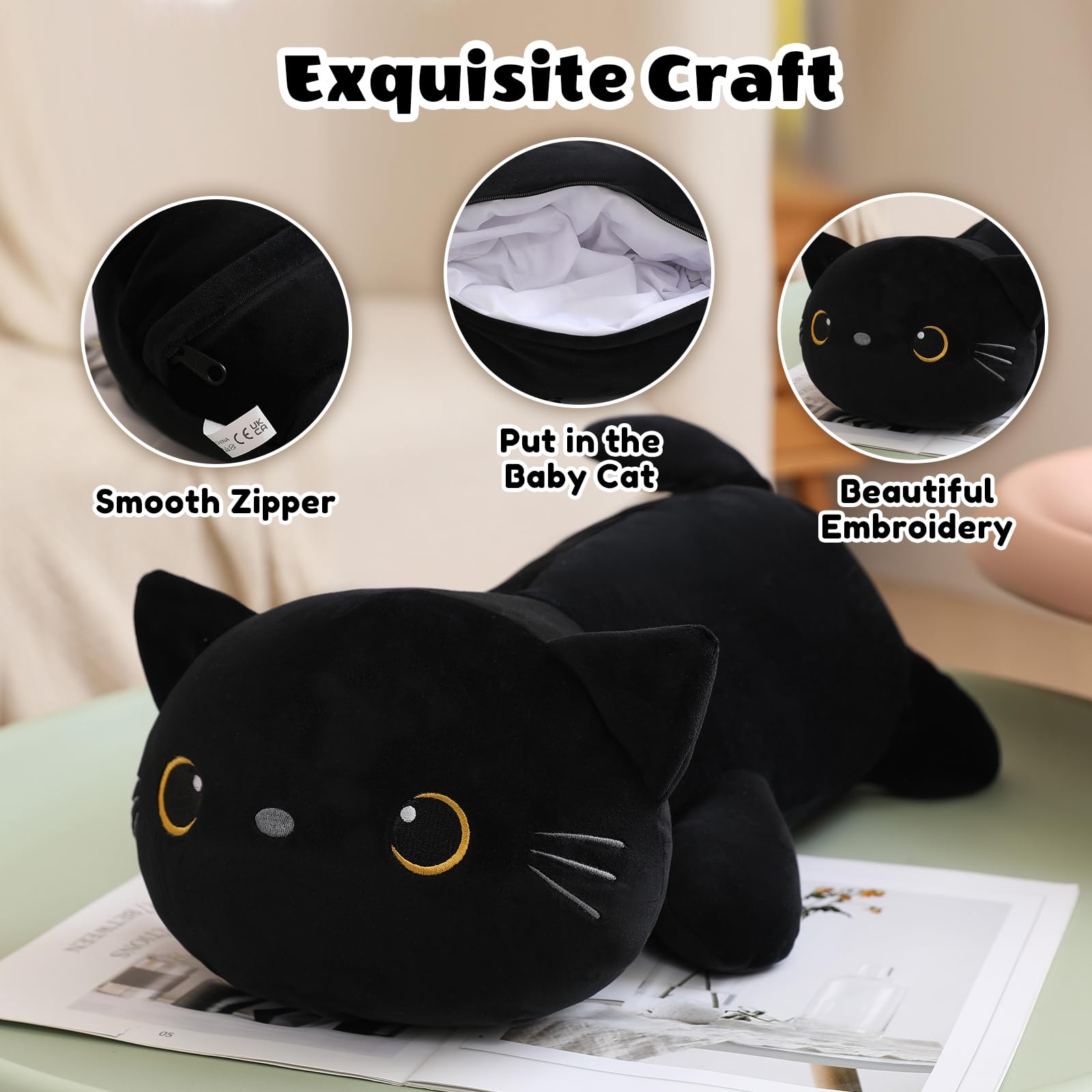 SQEQE black cat plushie recovers shape after unpacking and air-out.