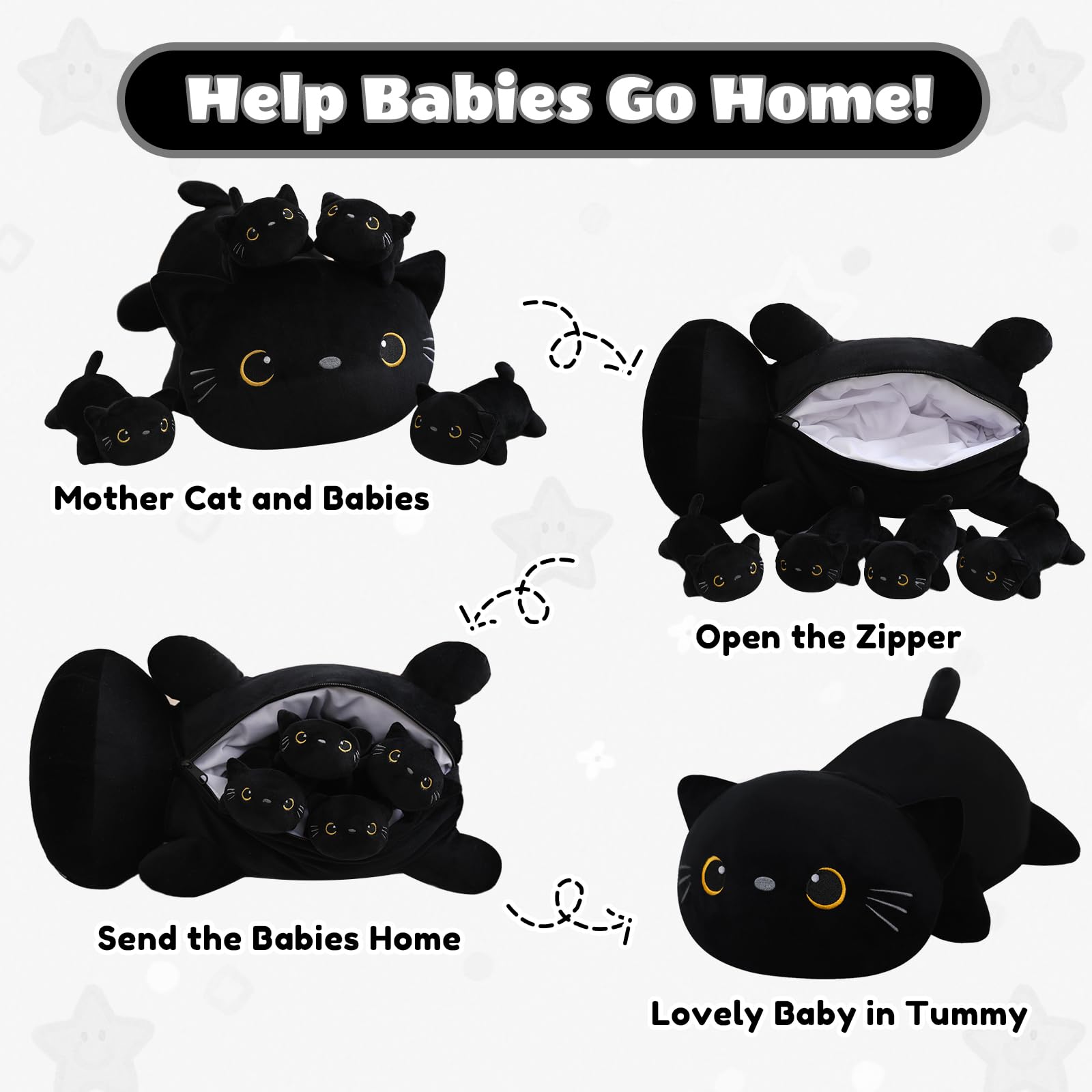 SQEQE cat family plush with four kittens, soft companions.