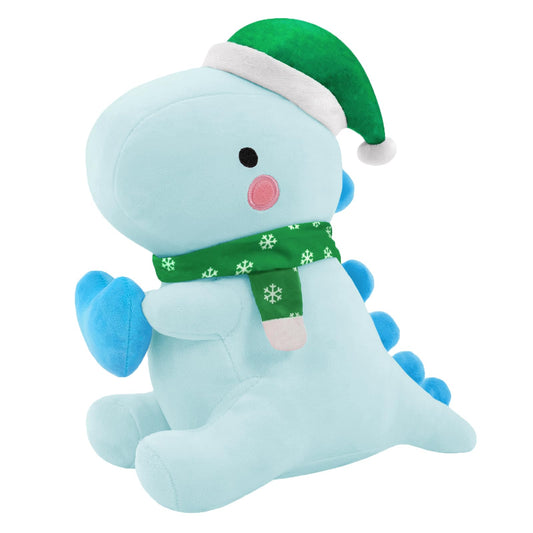 SQEQE dinosaur plush pillow blue with Christmas hat, perfect for festive cuddles.