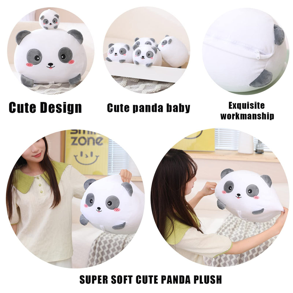 SQEQE panda plush with zippered tummy and four tiny companions.