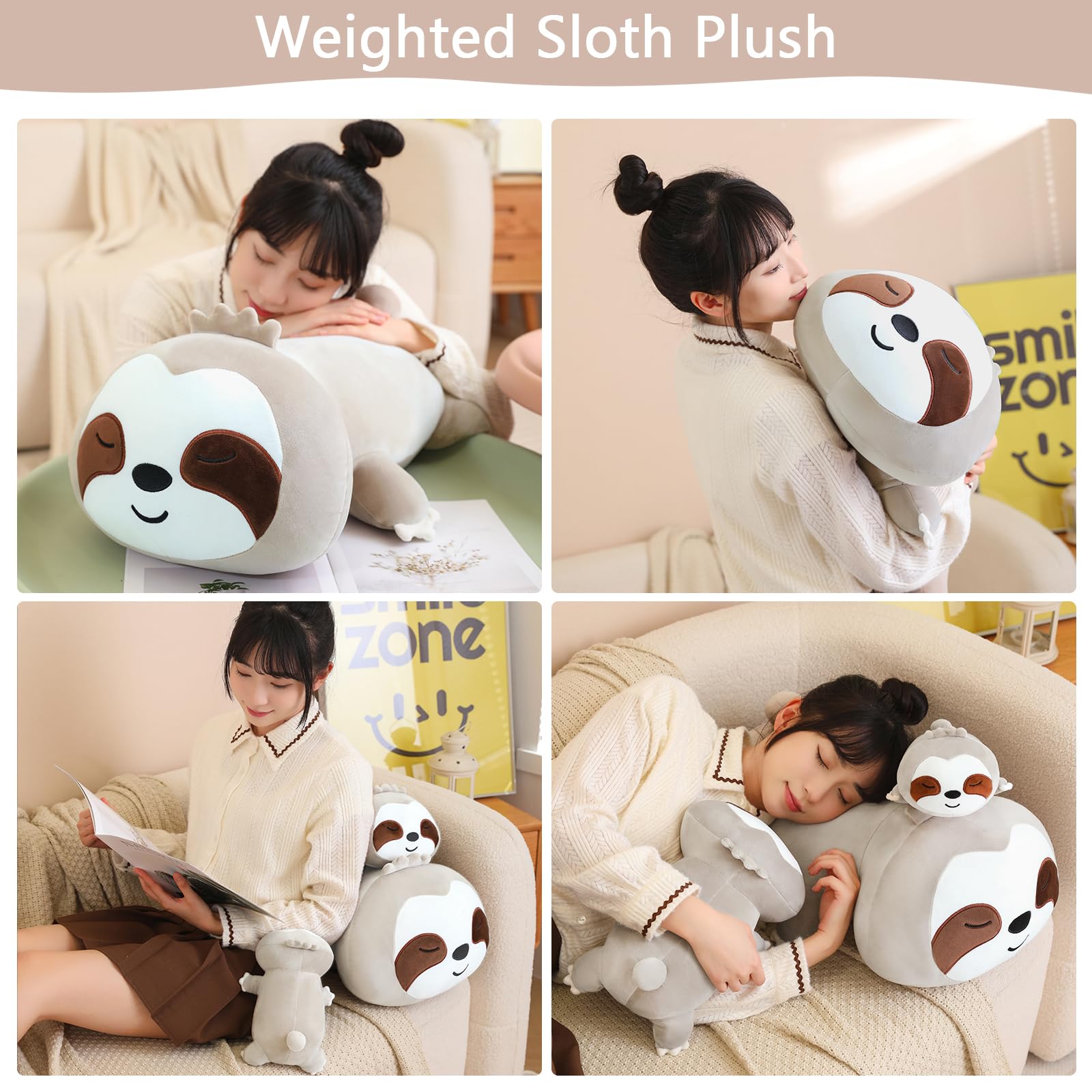 SQEQE sloth plush pillow-form demonstrates dual purpose as comfy pillow