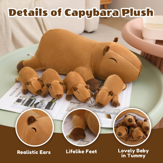 SQEQE capybara plush mommy open belly reveals four babies for storytelling