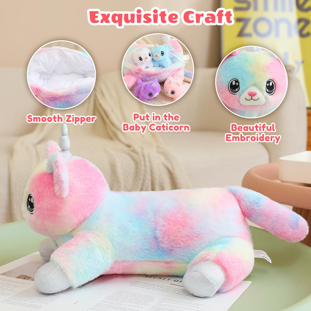 SQEQE unicorn cat plush shown as bedroom decor for a cozy corner.