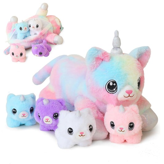 SQEQE unicorn cat plush mommy with four babies, ideal for cuddles and imaginative play.