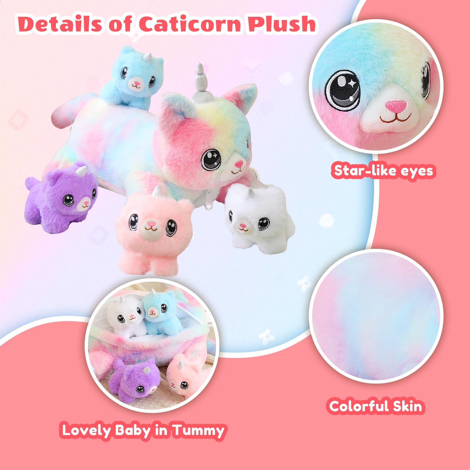 SQEQE unicorn cat plush close-up of ultra-soft short plush fabric for cozy hugs.