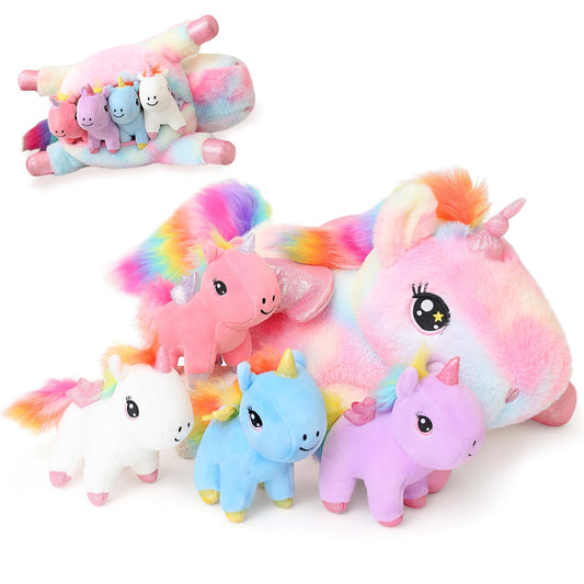 SQEQE unicorn mommy stuffed animal with four baby unicorns inside for imaginative play