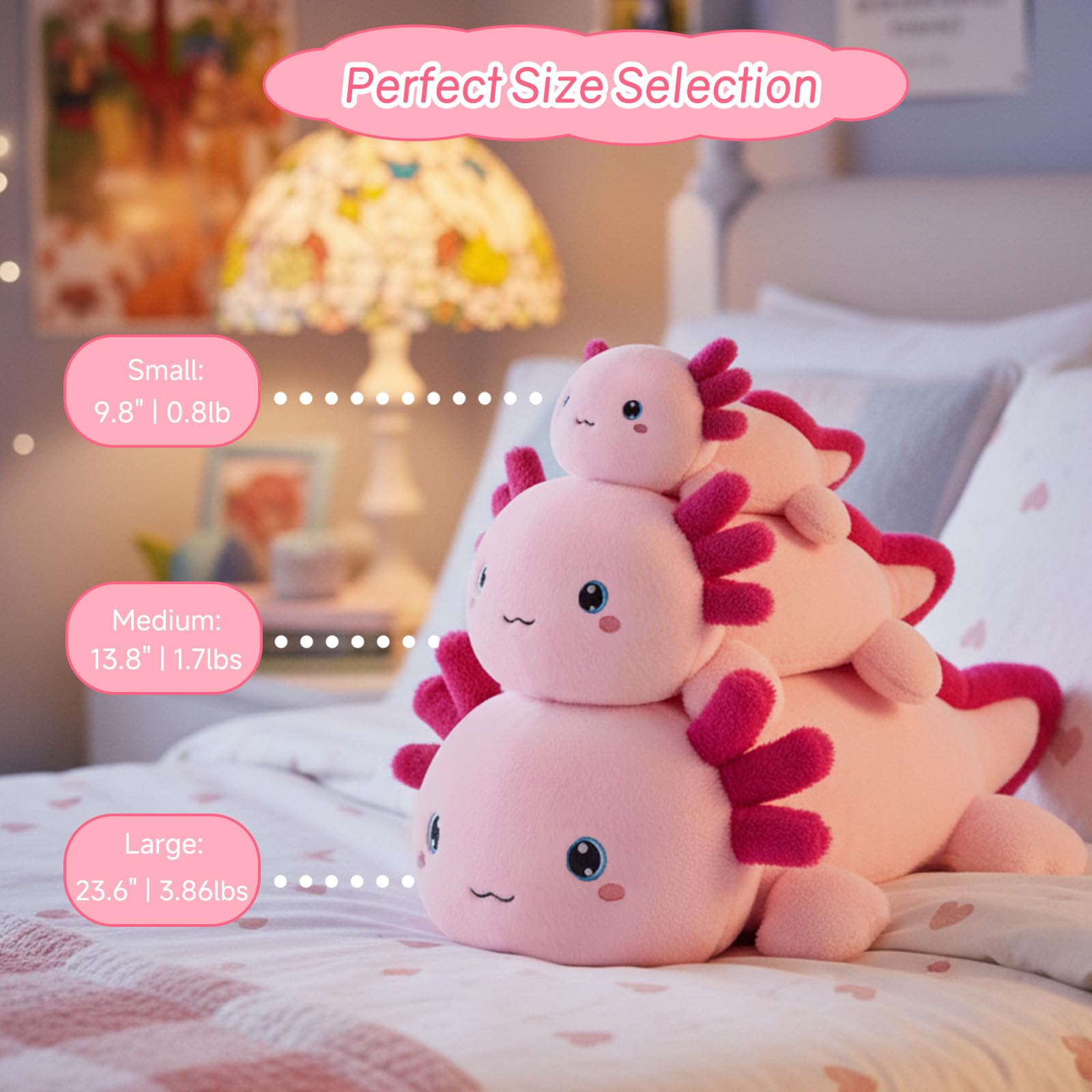 SQEQE weighted axolotl bedside scene illustrating calming snuggles during bedtime