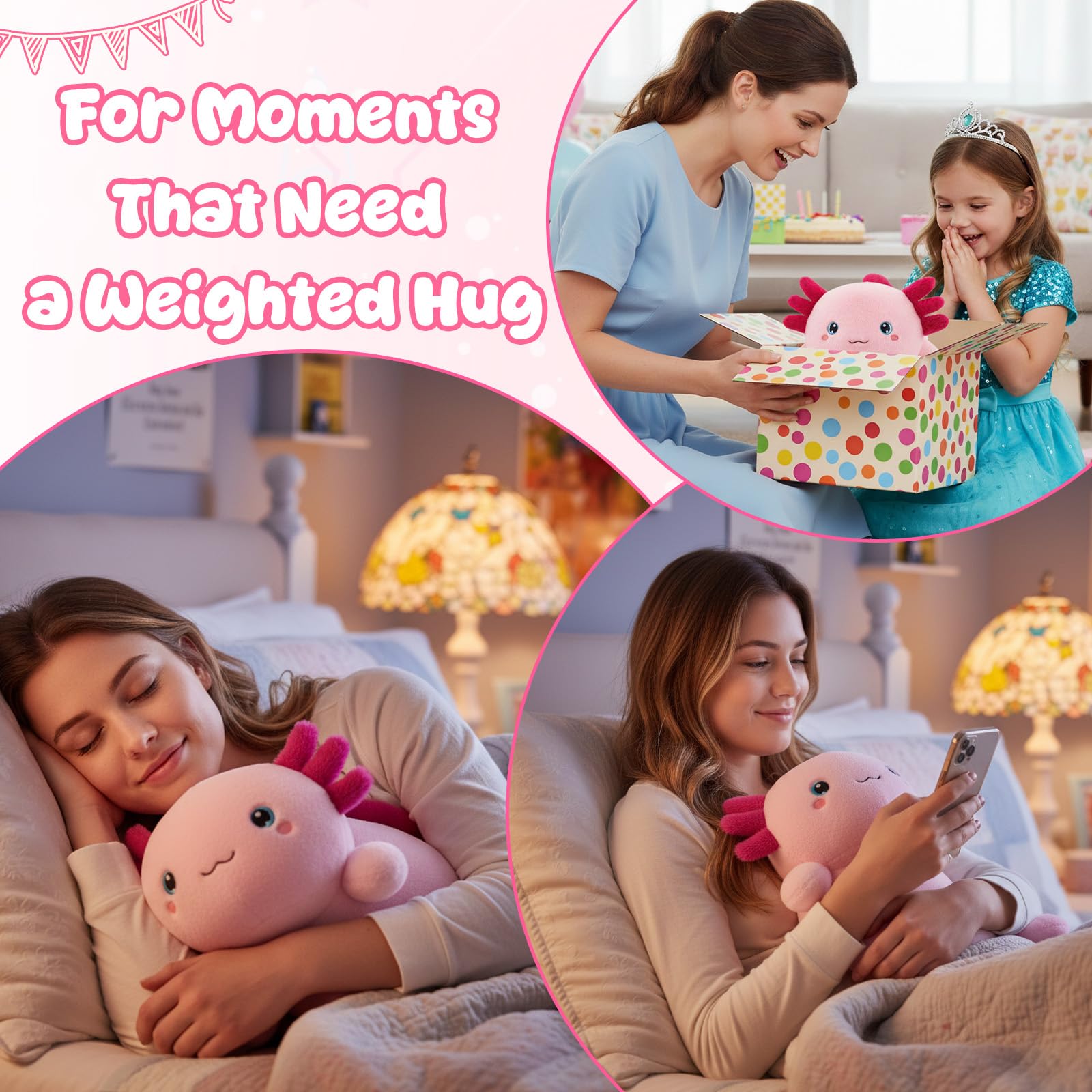 SQEQE weighted axolotl on lap offers cozy reading and movie time comfort.