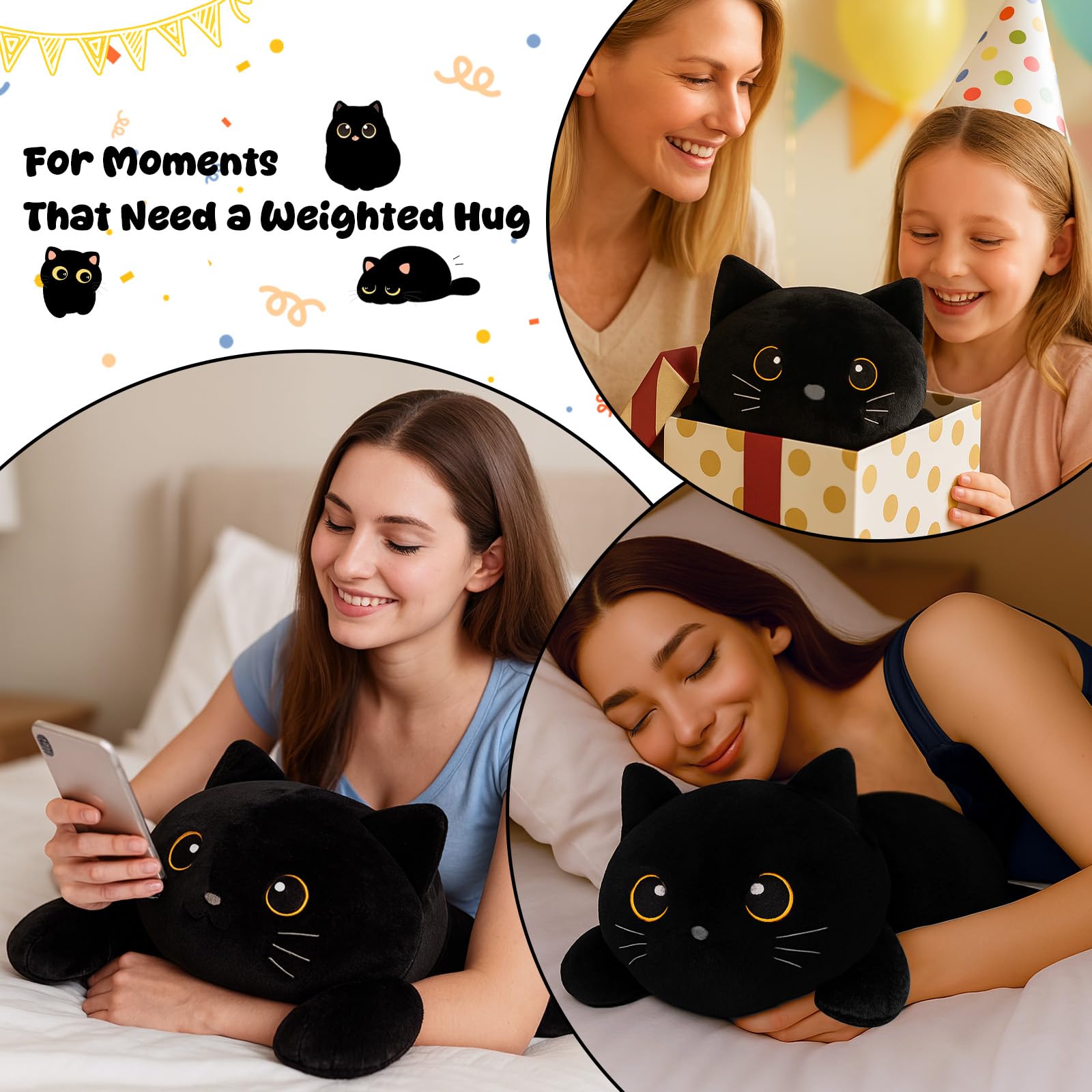 SQEQE weighted black cat plush in car for cozy road trips.