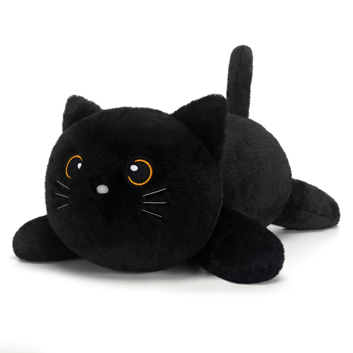 SQEQE weighted black cat plush with big eyes close-up for bedtime comfort and charm.