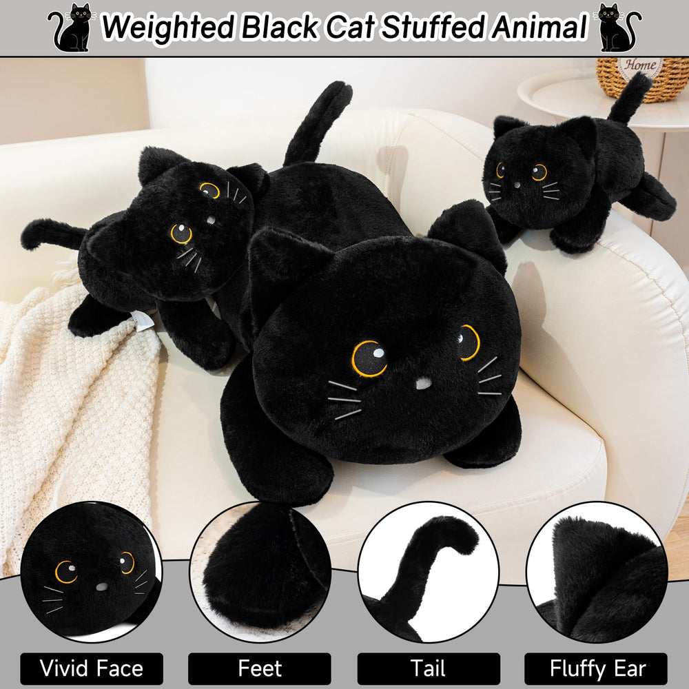 SQEQE weighted black cat plush full body view for cozy room decor.