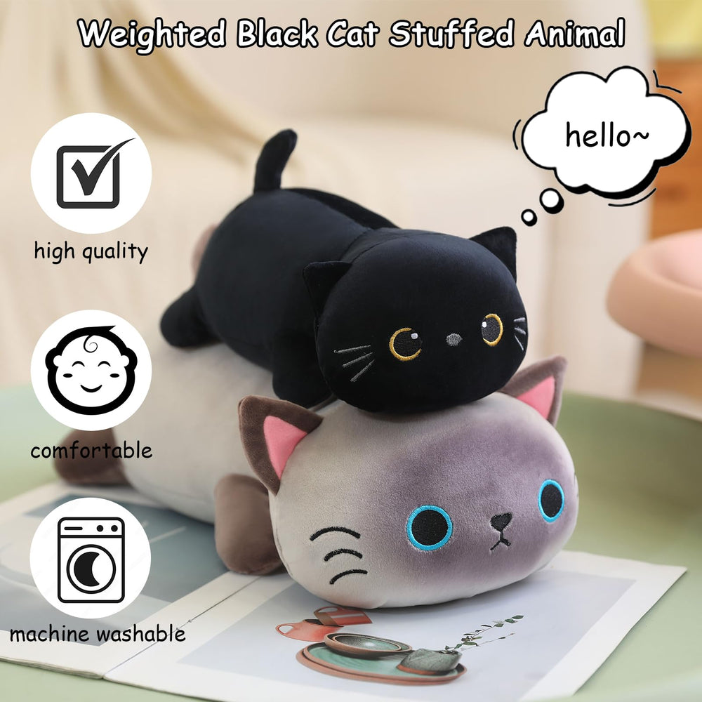 SQEQE weighted black cat plush lying pillow form invites restful naps and reading.