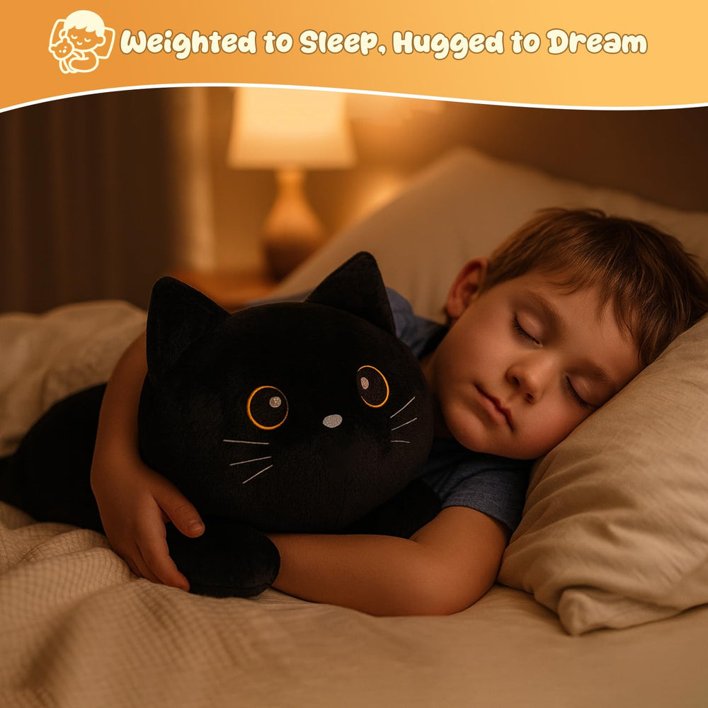 SQEQE weighted black cat plush on desk as a calming desk companion.